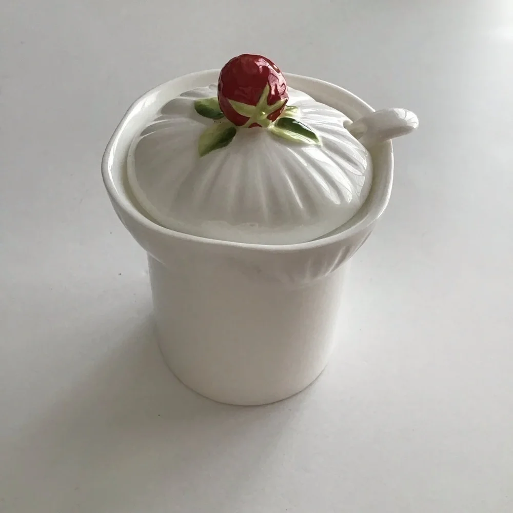 Jam Jar Bone China Covered Strawberry Marmalade Preserves Lid Spoon Vintage